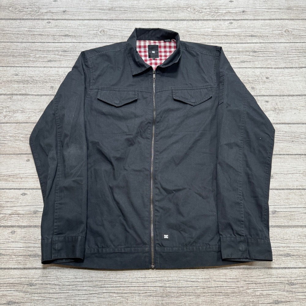 DC Shoes Jacket Men's Medium Black Gingham Lined Loose Fit Workwear Chore Canvas